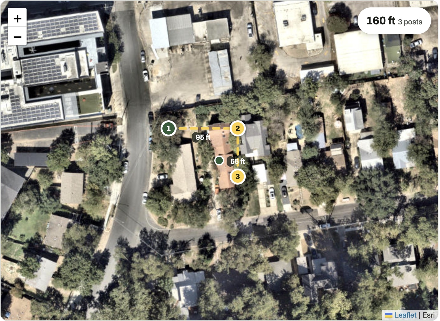 Satellite image of a property with a fence line marked as three numbered posts, 160 ft in total